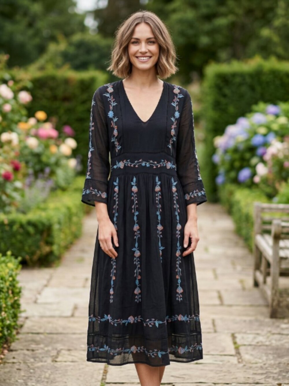 Zara black cotton floral embroidered boho folk midi dress